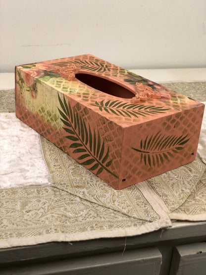 Hand-Painted Wooden Tissue Box - Tropical Coral Palm Leaf