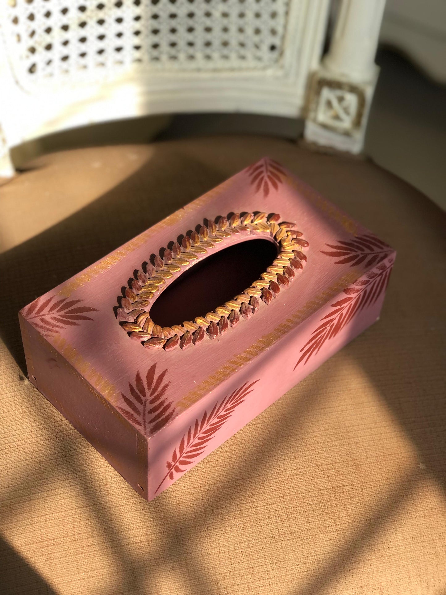Hand-Painted Wooden Tissue Box - Pink Tropical Palm Medallion