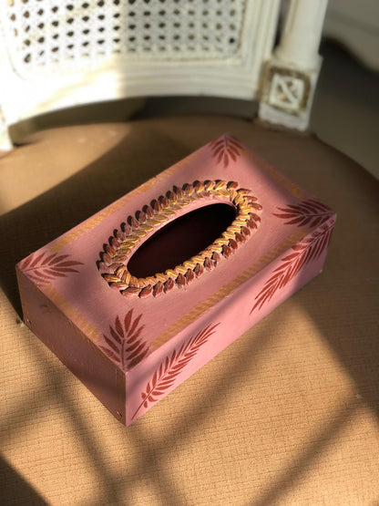 Hand-Painted Wooden Tissue Box - Pink Tropical Palm Medallion