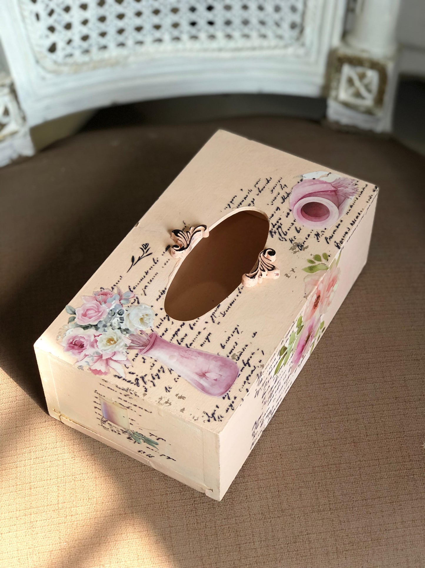 Hand-Painted Wooden Tissue Box - Shabby Chic Pink Rose Script
