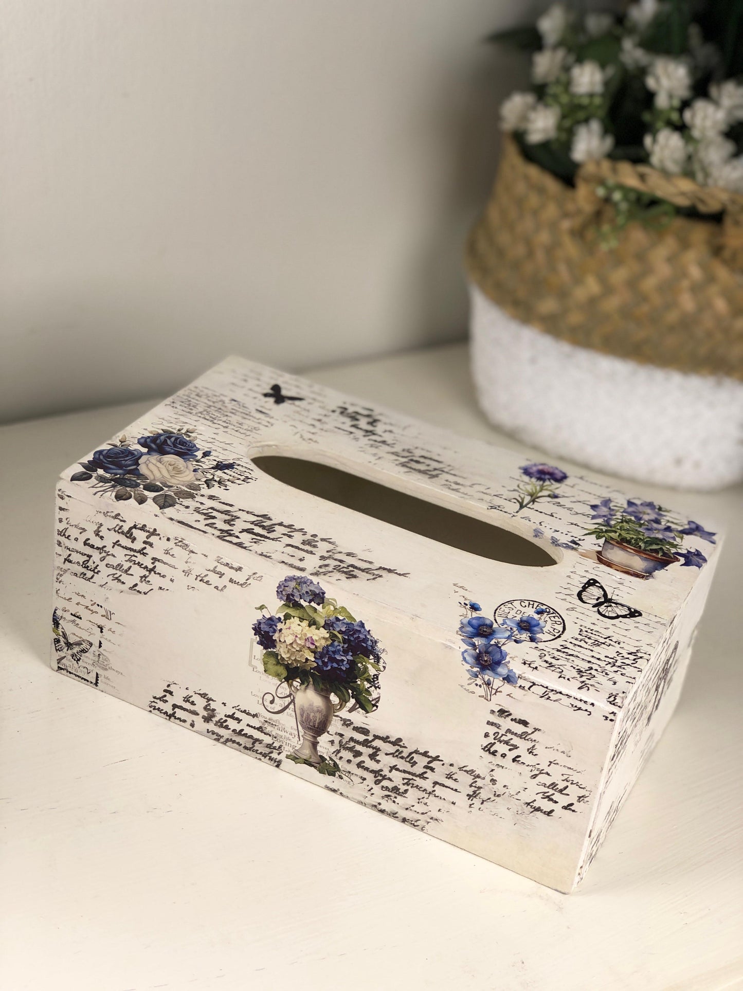 French Vintage Script Tissue Box  - Dusty Blue Floral Decoupage