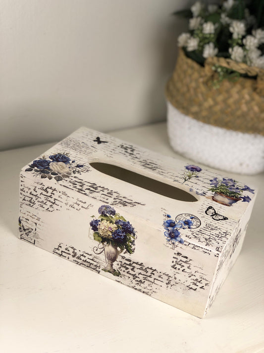 French Vintage Script Tissue Box  - Dusty Blue Floral Decoupage
