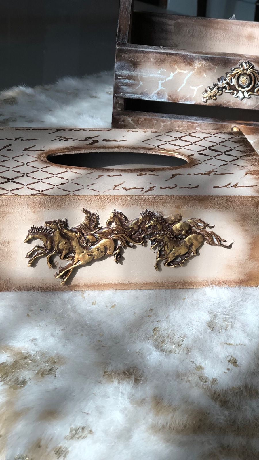 Unique Hand-Distressed Tissue Box with Horse Sculpture Accent