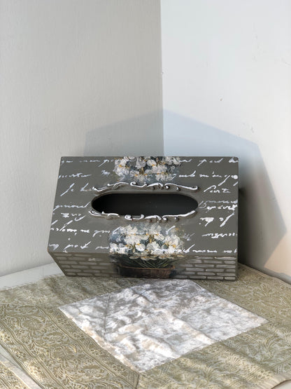 Hand-Painted Wooden Tissue Box - Vintage French Script