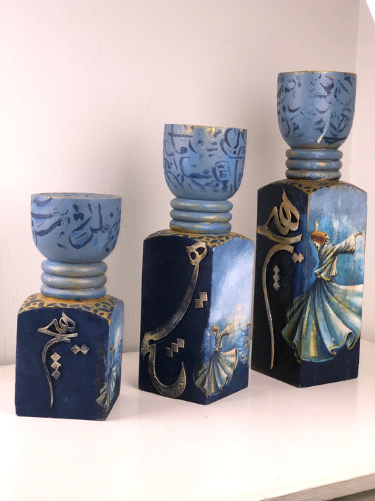 Handcrafted Blue Wooden Candle Stands with Arabic Calligraphy – Islamic Art Home Décor Set (3 Pieces)