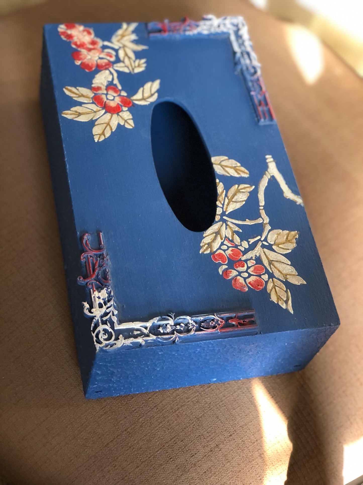 Hand-Painted Wooden Tissue Box | Chinoiserie Blue Floral Accent Decor