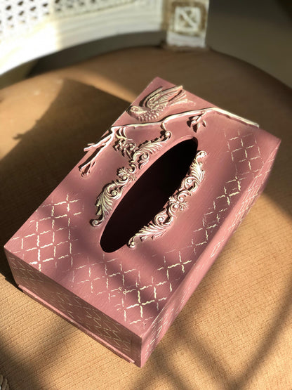 Hand-Painted Wooden Tissue Box - Mauve Geometric Bird Artwork