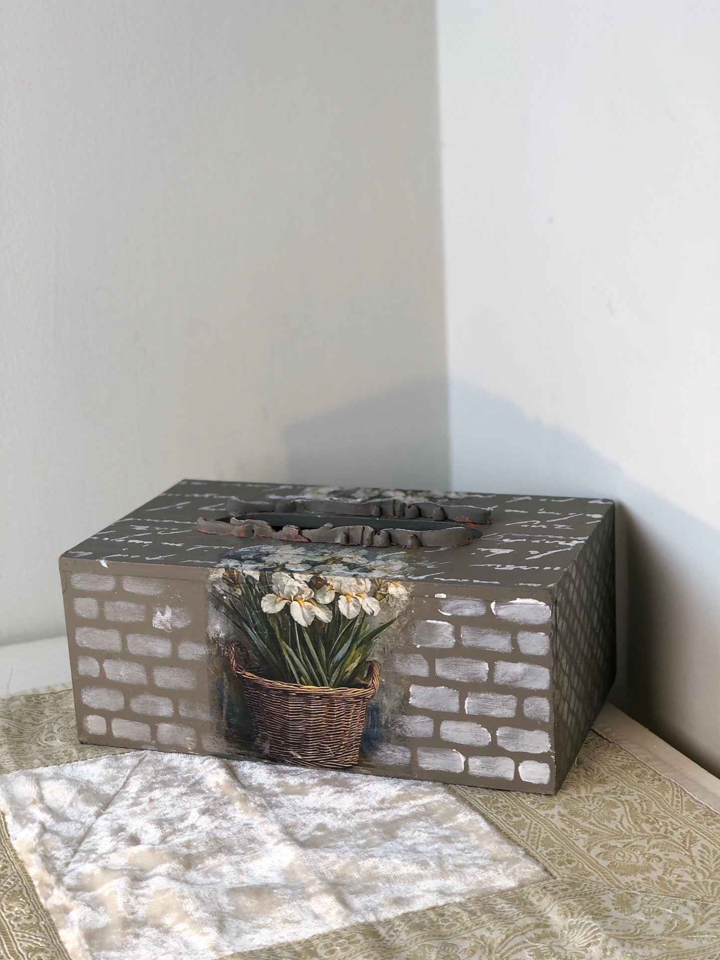 Hand-Painted Wooden Tissue Box - Vintage French Script