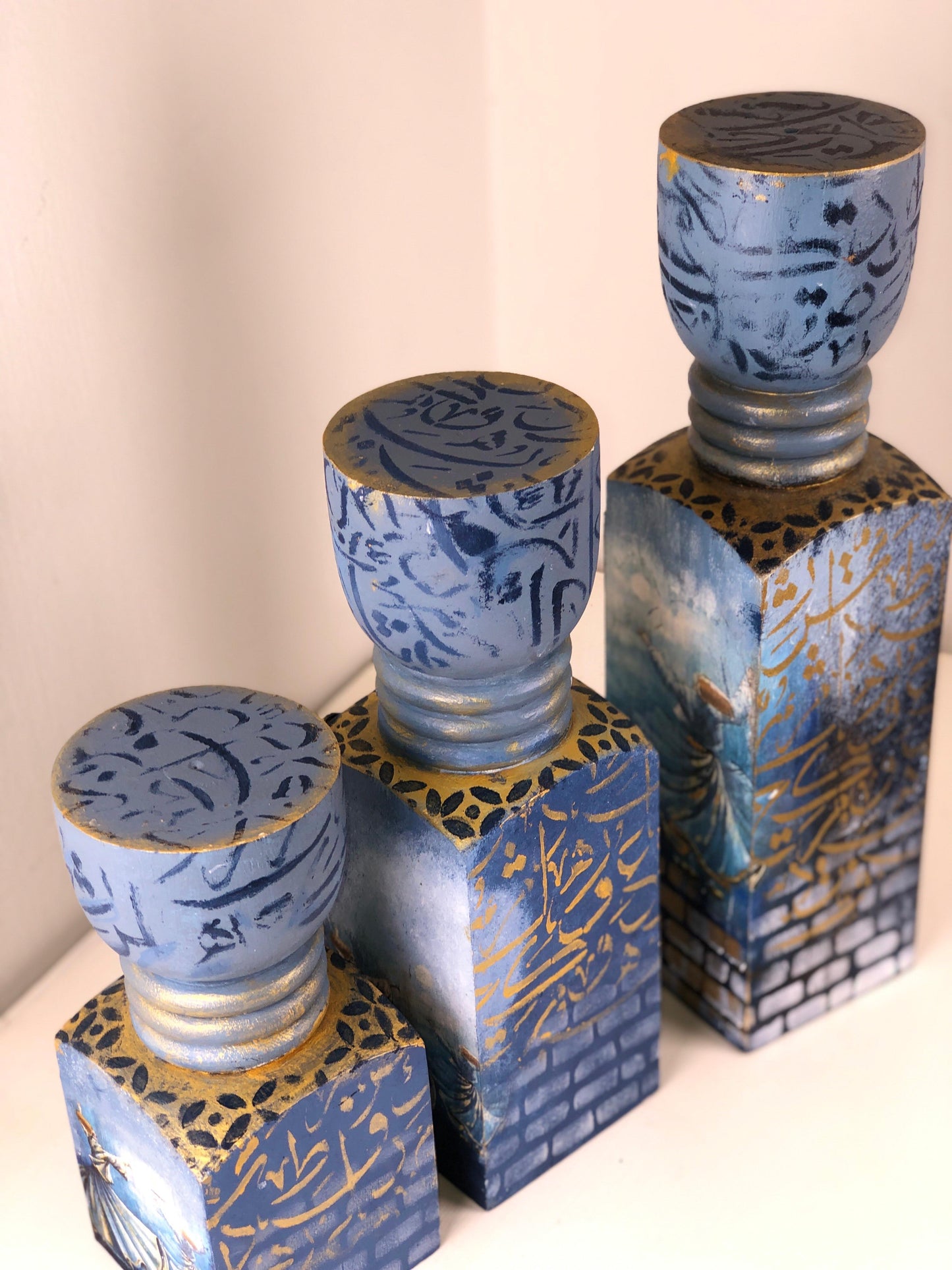 Handcrafted Blue Wooden Candle Stands with Arabic Calligraphy – Islamic Art Home Décor Set (3 Pieces)