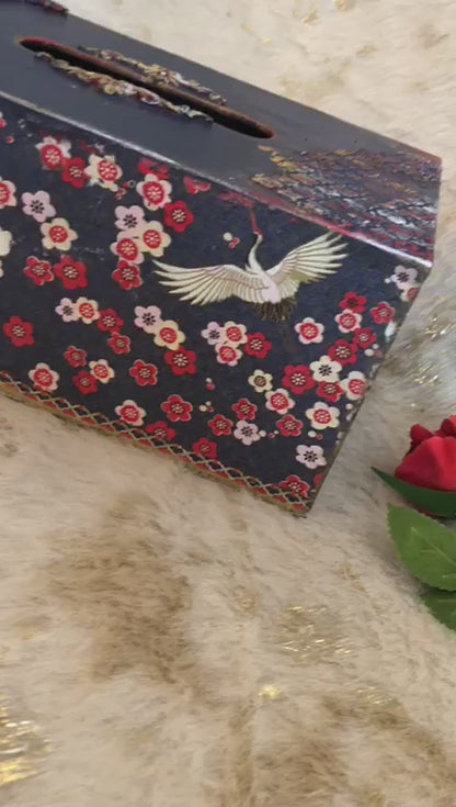 Hand-Painted Wooden Tissue Box – Blue with Bird & Floral Design