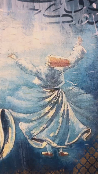 HandCrafted Wooden Frame Art – Whirling Dervish Painting with Arabic Calligraphy