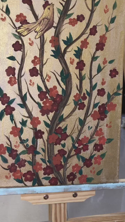 Handmade Wooden Wall Art Set – Floral Tree Branches with Birds on Brown Background