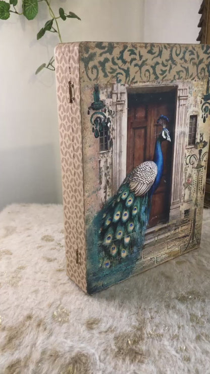 Home Decor Box - Handcrafted Wooden Box – Light Brown Background with Blue Peacock & Urdu Poetry