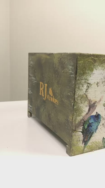 Hand-Painted Wooden Tissue Box - Rustic Bird Garden