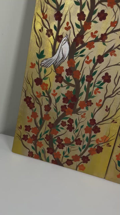 Handmade Wooden Wall Art Set – Floral Tree Branches with Birds on Brown Background
