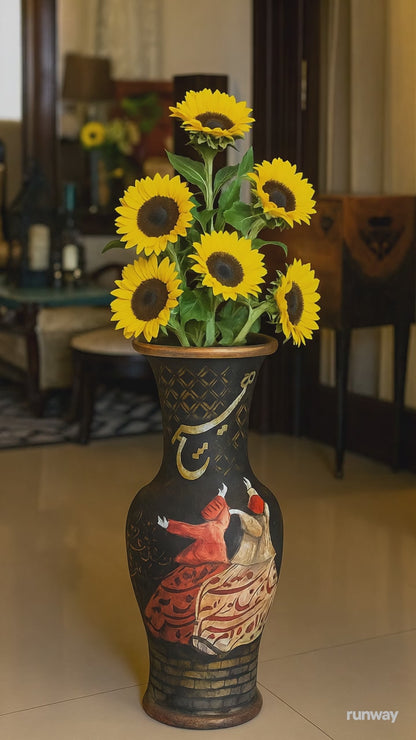 Vase - Handmade Wooden Flower Pot With Dervish Design