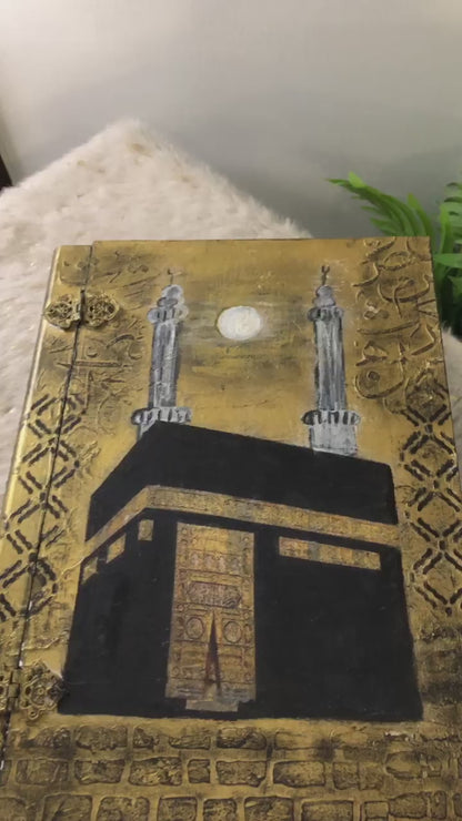 Book Box – Hand-Painted Kaaba Book Box with Islamic Calligraphy - Decopage , textured art wooden box