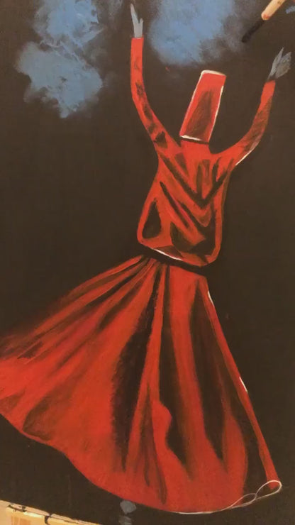 Handmade Wooden Wall Art – Sufi Figure in Red Dress on Black & Blue Background with Calligraphy