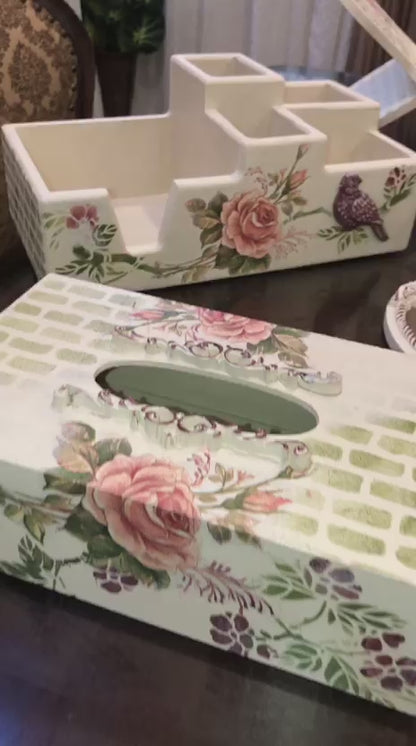 Hand-Painted Wooden Tissue Box - Shabby Chic Mosaic Rose
