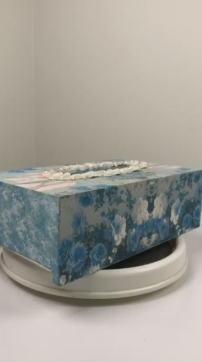 Hand-Painted Wooden Tissue Box - Distressed Blue Floral