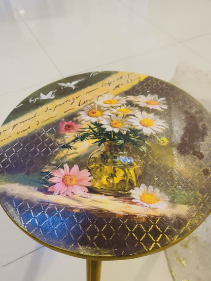 Wood Table - Hand-Painted Roses Pot Design Round Table