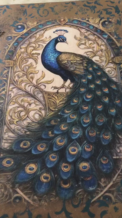 Home Decor Box - Handcrafted Wooden Box – Light Brown Background with Blue Peacock & Urdu Poetry