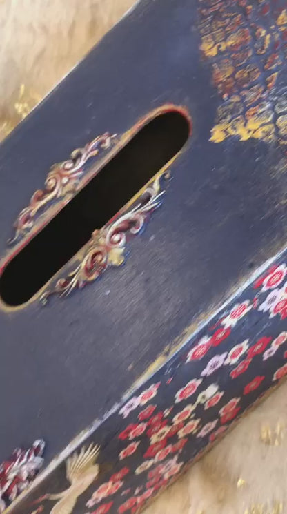 Hand-Painted Wooden Tissue Box – Blue with Bird & Floral Design